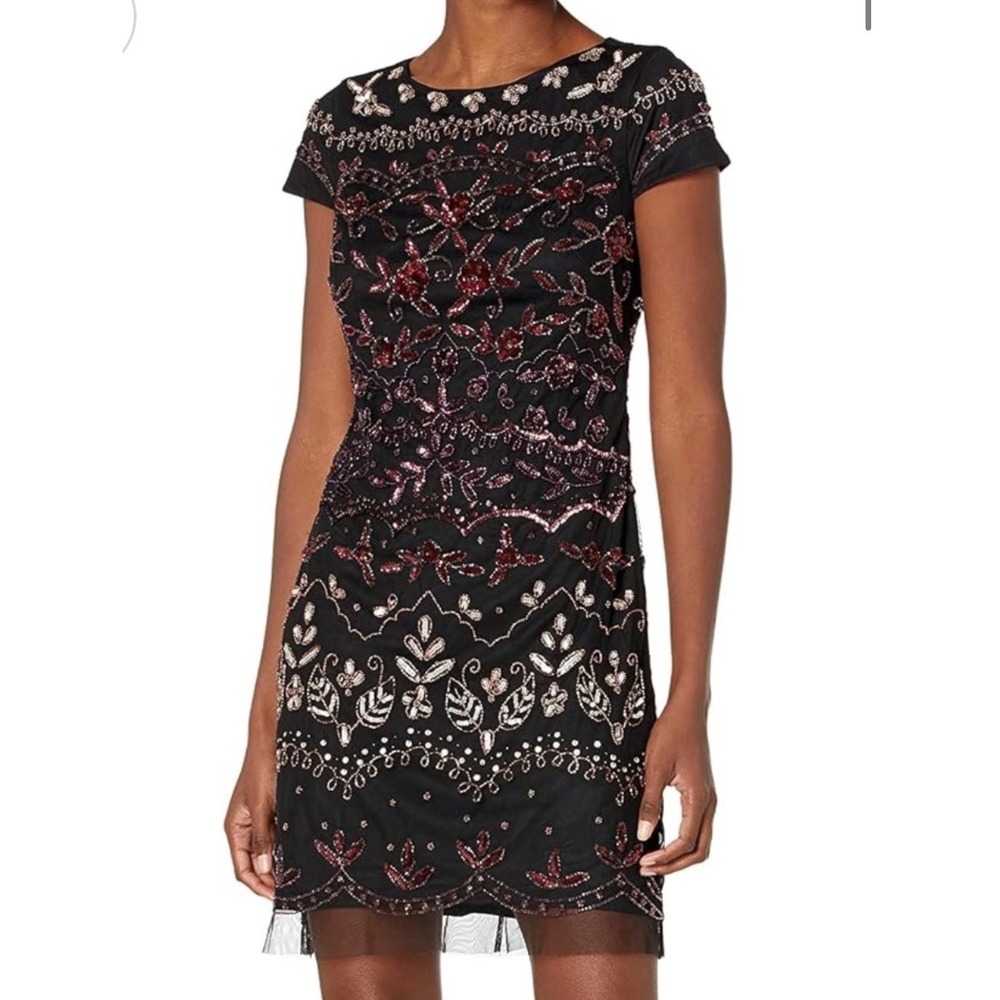 Adrianna Papell Embellished Beaded Bateau Mesh Sheath Dress